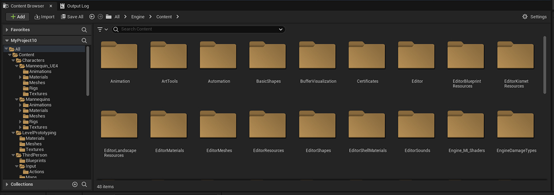 Unreal Engine content browser