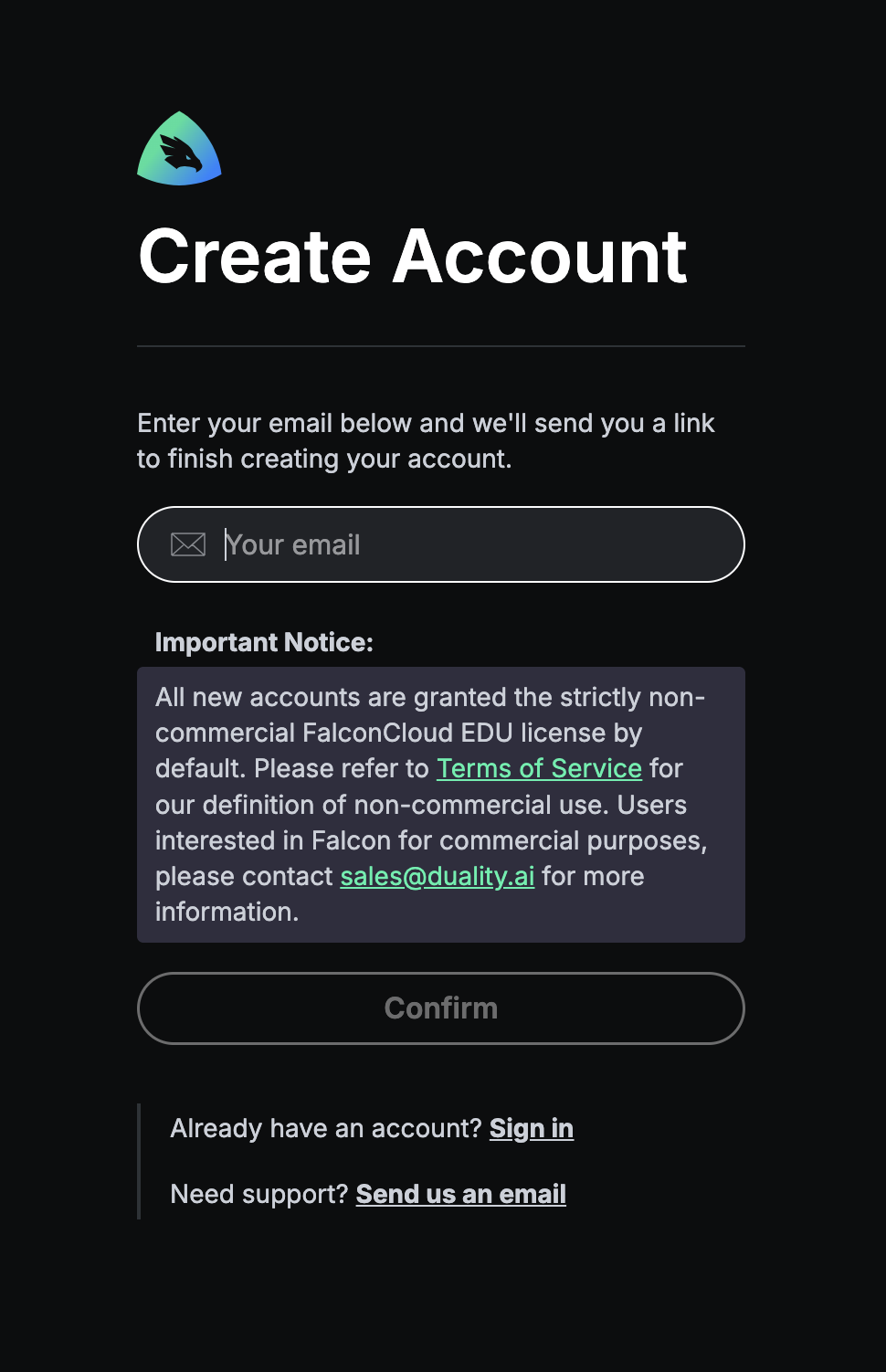 Sign-up page showing email input and license clause